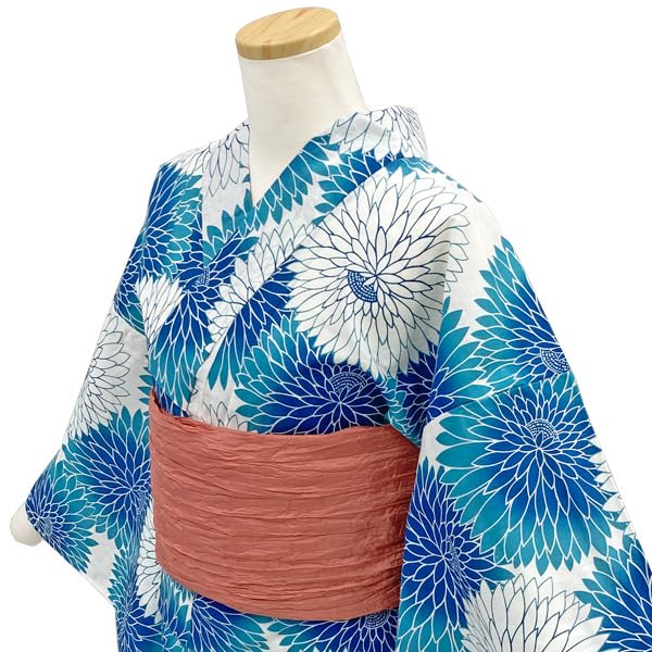 Kyoto Kimono Yuzen Yukata and Obi Set Blue Chrysanthemum Floral Print Retro Modern Yukata (2 Pieces)