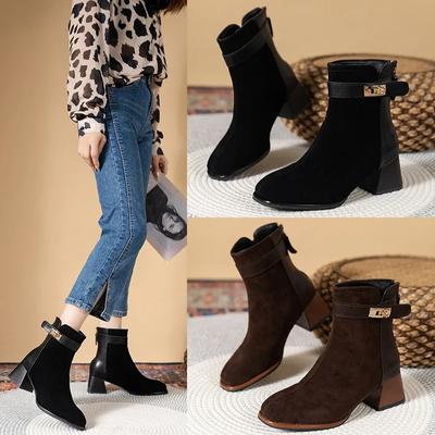 Kurze Stiefel für Damen im Herbst und Winter, mit quadratischem Kopf und dickem Absatz, Wildledereinsatz, Reißverschluss auf der Rückseite, dickem Absatz, hohem Absatz und schmalen Stiefeln