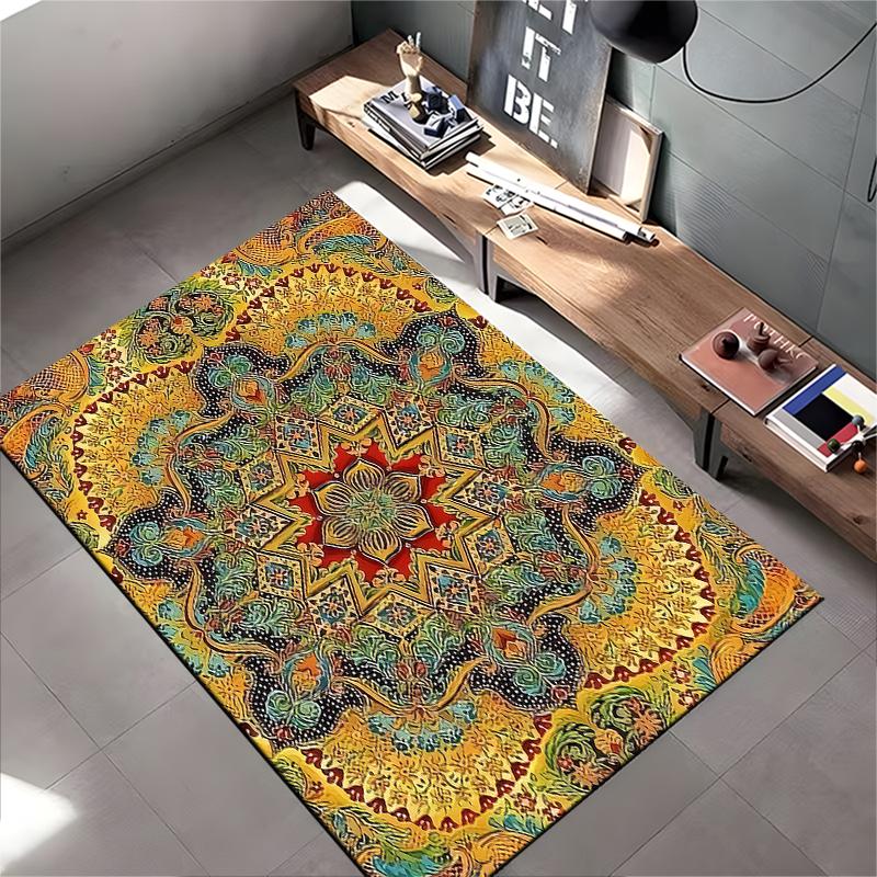 Mandala Pattern Carpet with Boho Star Design, Yellow and Red Tones Suitable for use as an anti-slip for living room bedroom sofas