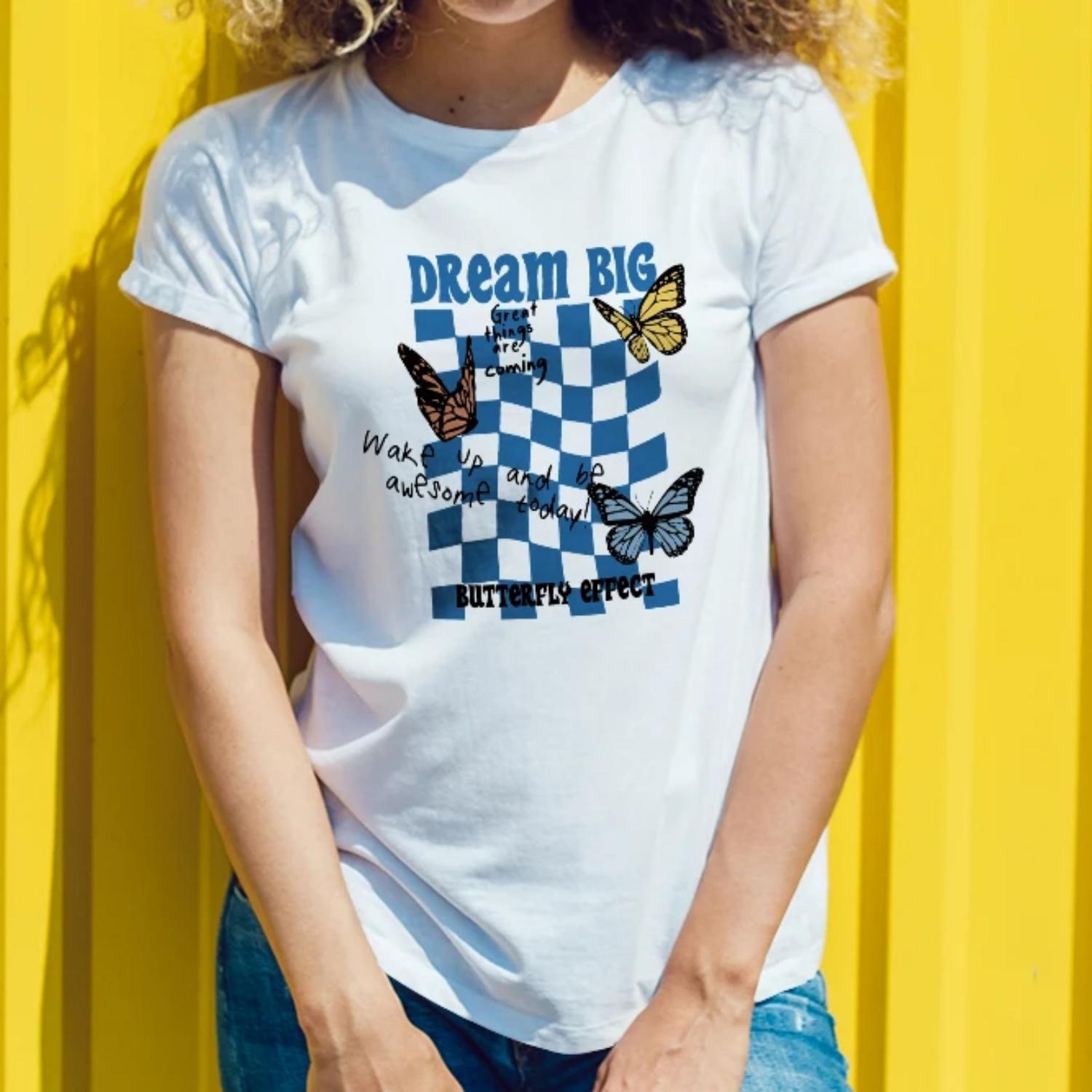 Inspirational Womens Short Sleeve T Shirt Dream Big Design with Butterflies and Checkered Graphic for an Ambitious Look S