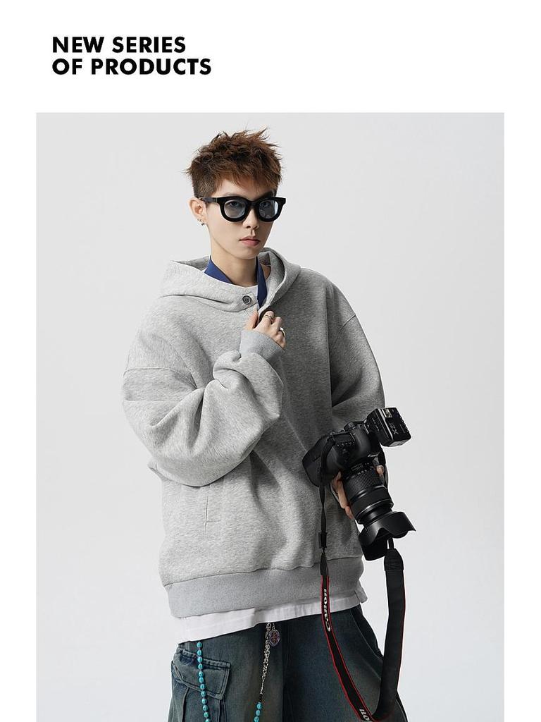 Unisex Retro Heavyweight Fleece-Lined Button-Up Hoodie: Trendy and Loose Fit