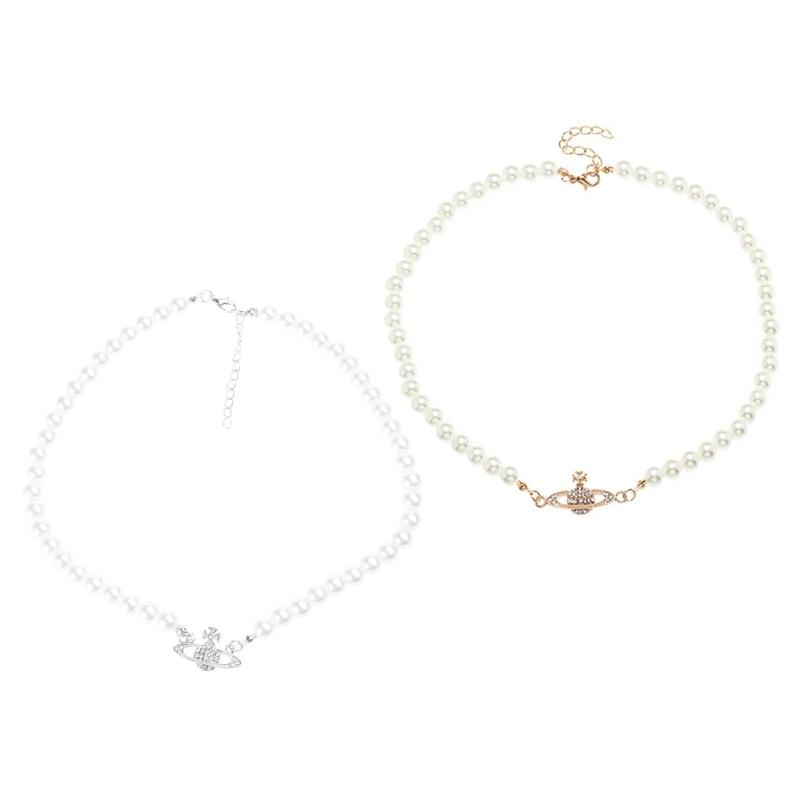 Planet Pearl Choker Necklaces for Women Crystal Rhinestones Pearl Bead Necklaces Ladies Wedding Pearl Bead Chain Neck