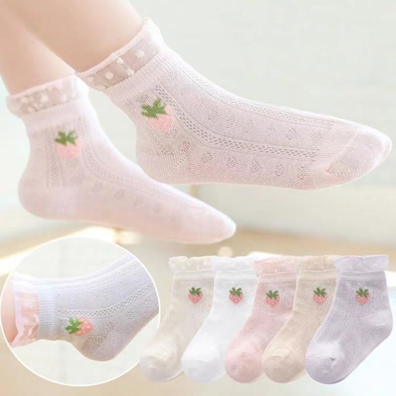 5Pairs/Lot Baby Socks Summer Mesh Thin Cotton Short Socks For Girls Kids Flower Strawberry Print Casual Sock