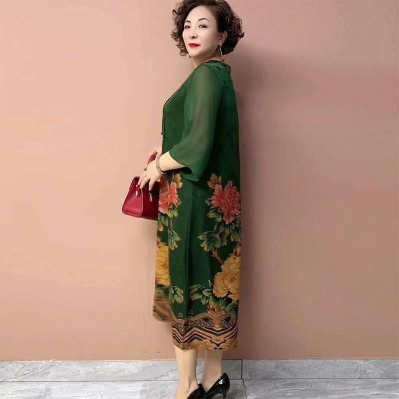 High-end Women's Silk Printed Casual Dress Loose Round-neck Plus-size Dress Summer Straight Long Floral Dress