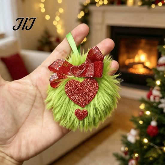 Faux Rabbit Fur Hanging Decor Pom Poms Christmas Ornaments, 2.3 Inch Soft Fluffy Green Ball Lightweight Party Favors Decoration with Glitter