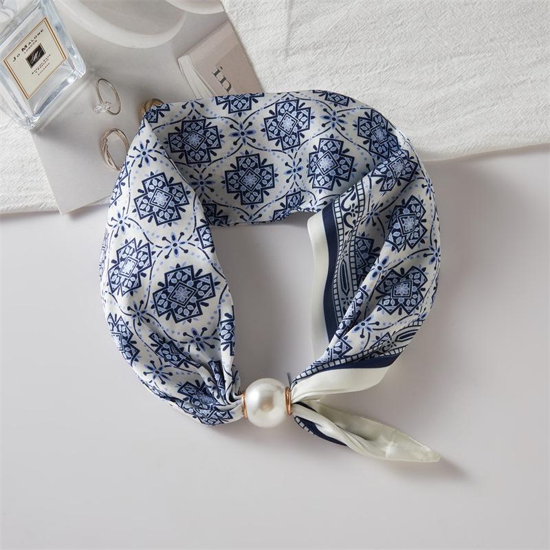 Französischer Luxus-Frühlings-Sommer-Quadrat-Schal mit magnetischem Perlenverschluss - Eleganter Damen-Halsketten-Schal