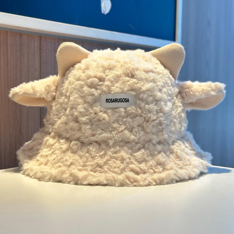 Cute plush lamb bucket hat women's autumn and winter warm versatile basin hat big head circumference show face small couple ear hat