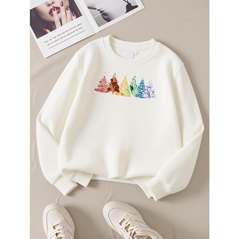 Colorful Christmas Trees Pattern 2026 New Girls' Long-sleeve Casual Crewneck Sweatshirt, Suitable for Outdoor Sports
