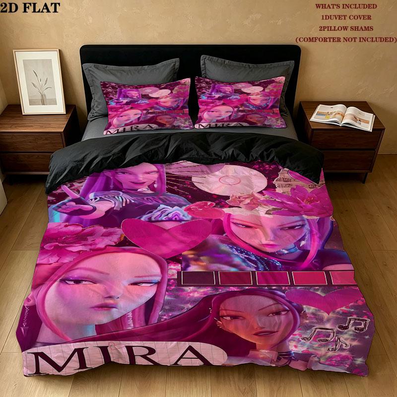 Ensemble de couette Kpop Demon Hunters Motif Housse de couette Taie d'oreiller Maison Cadeau d'anniversaire(1 housse de couette + 2 taies d'oreiller, sans garniture.)