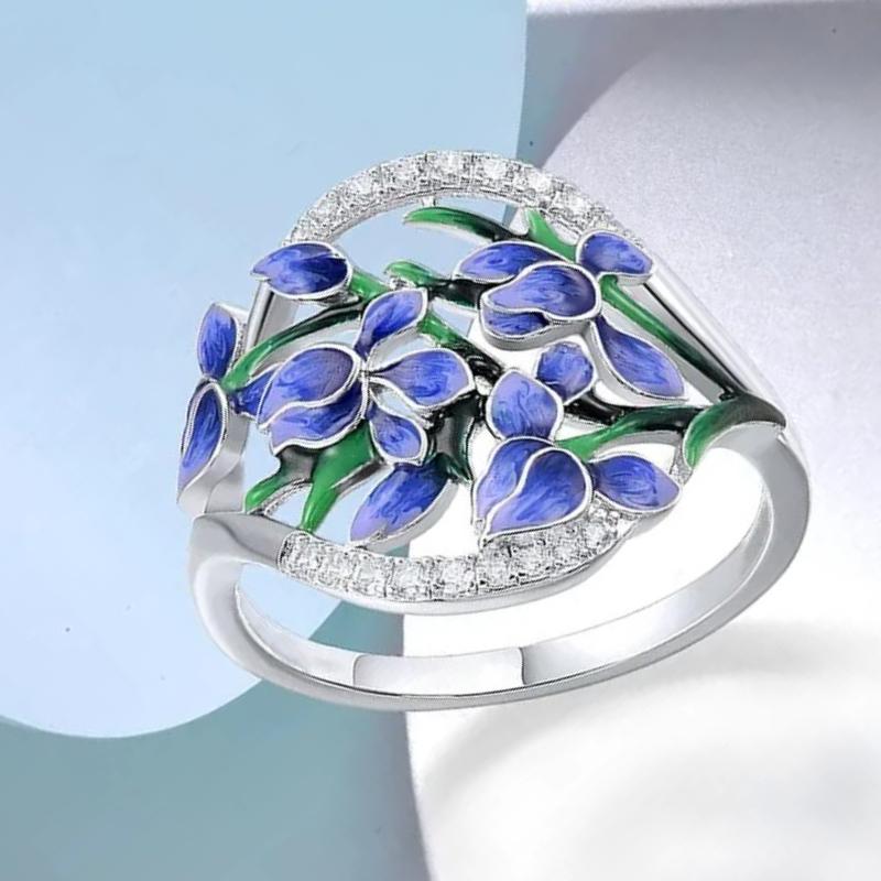 Handgefertigter Emaille-Blaublumen-Funkelnder Temperament-Ring für Damen, Banquet-Teilnahme, Eleganter High-End-Schmuck und Accessoires
