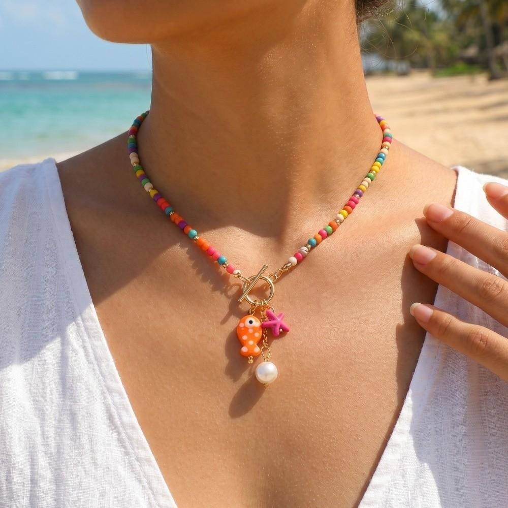 Adjustable Bohemian Starfish Pendant Necklace OT Buckle Rainbow Color Beads Ceramic Fish Clavicle Chain Sea-Inspired Design