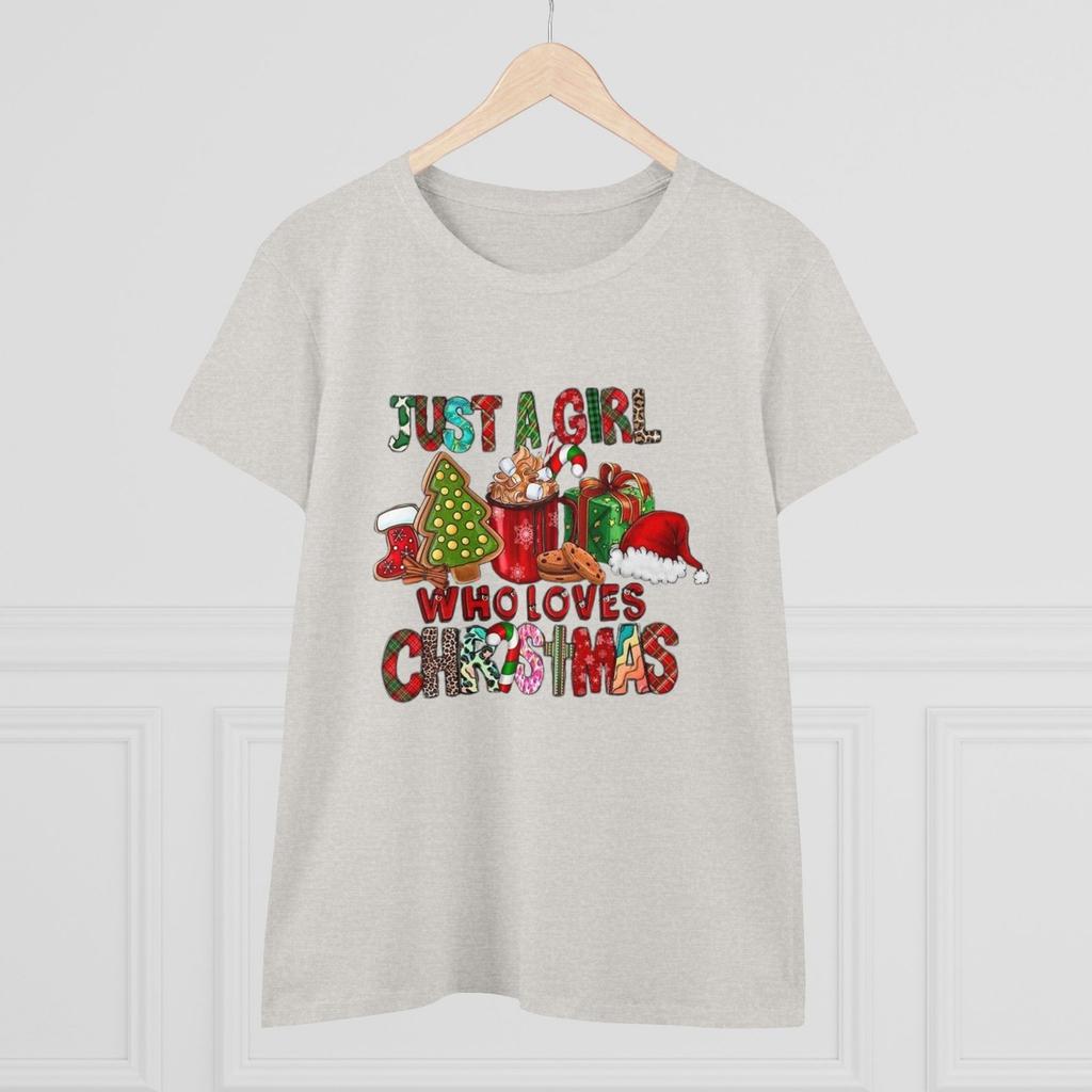 Just a Girl Who Loves Christmas T-Shirt | Cute Christmas Graphic Tee | Festive Holiday Shirt for Women | Colorful Xmas Cookie & Gifts Design