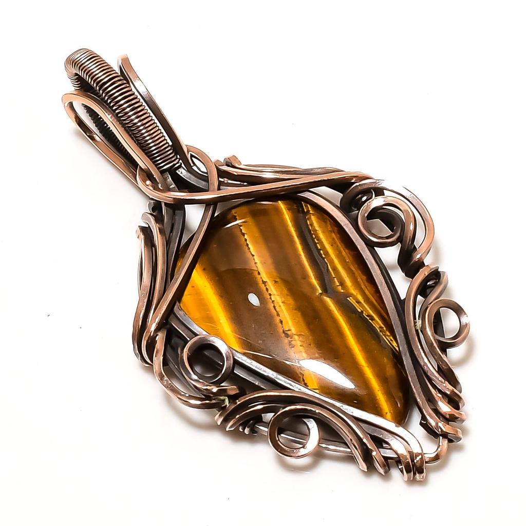 Tiger's Eye 999 Copper Wire Wrapped Pendant, Handmade Gemstone Pendant , Gift For Mom Antique Jewelry