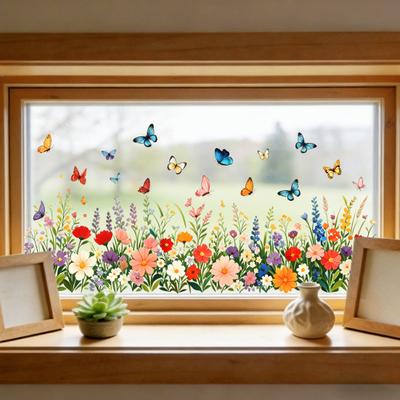 Bunte Blume Schmetterling Fensteraufkleber, Wasserdichter PVC Statischer Glasaufkleber, Abnehmbarer Klebstofffreier Fensteraufkleber für Zuhause Schlafzimmer Küche