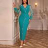 Elegant Lady Party Dresses New Style V Neck Transparent Sleeve Beaded Sheath Ankle Length Fashion Female Dinner Dress