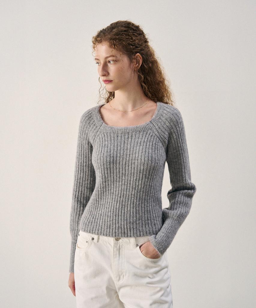 Deuloupisumeon Alpaca Volume Sleeve Square Ribbed Knit [D.Grey]