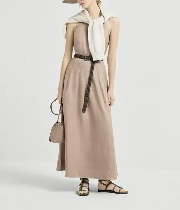 

2026 BC Linen Glitter Slim Fit Sleeveless Long Dress with Round Neck 42 верблюд