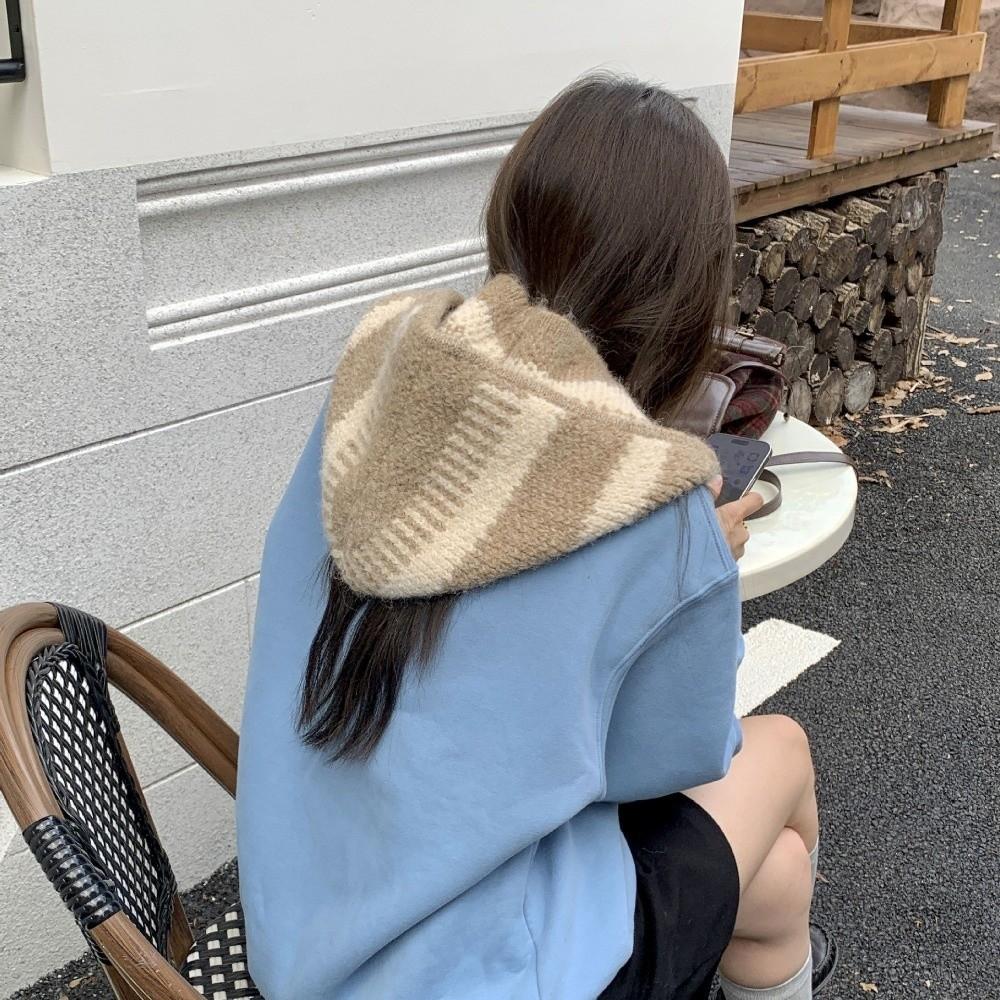 Windproof Winter Knitted Scarf Keep Warm Stripes Hat Scarf Hooded Scarf for Women  Autumn Winter
