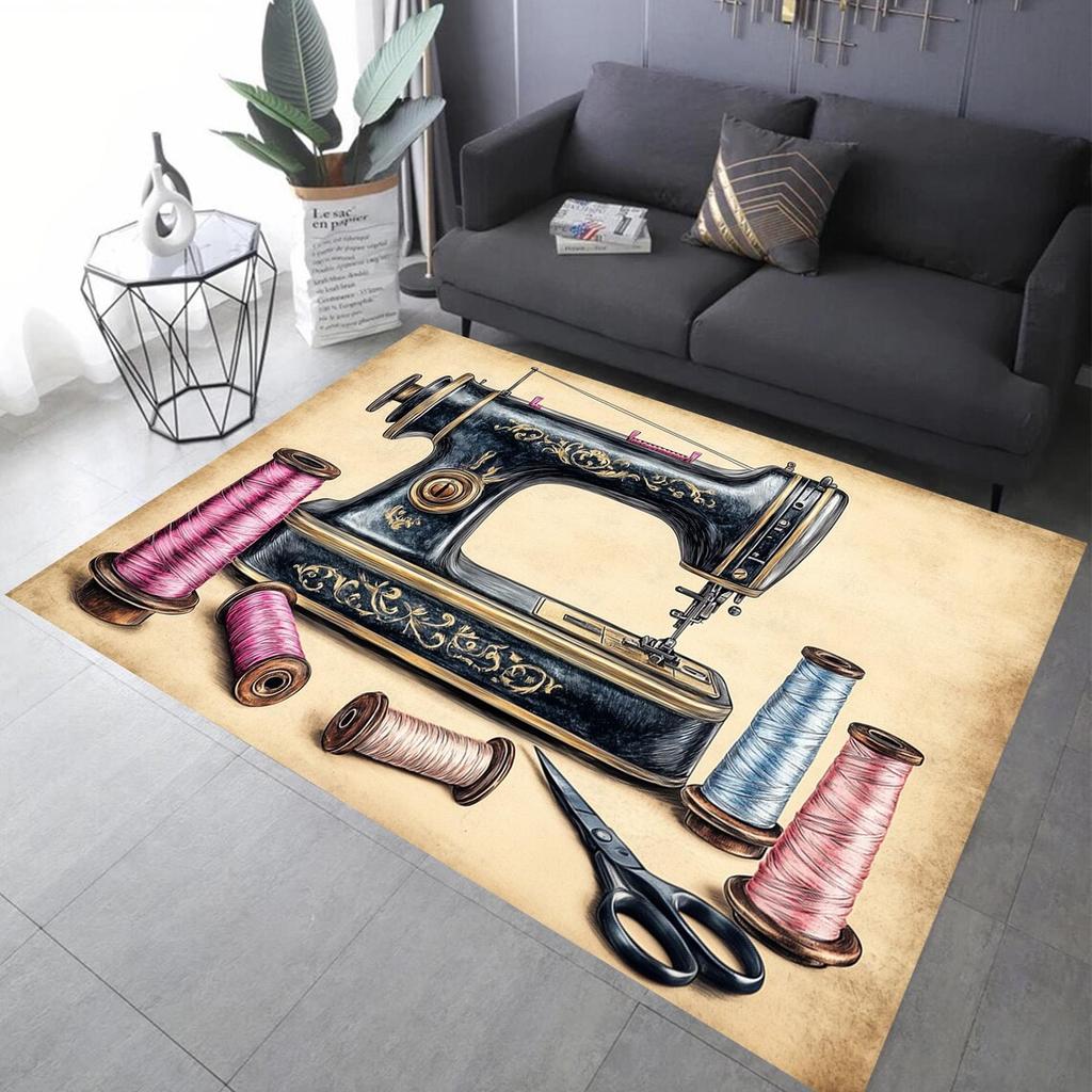 Vintage Sewing Machine Design Area Rug Non-Slip Flannel Carpet for Home Office Living Room Bedroom Decor Floor Mat