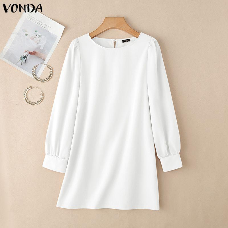 

VONDA Women Casual Round Neck Summer Long Sleeve Plain Thin Mini Straight Dress XL білий