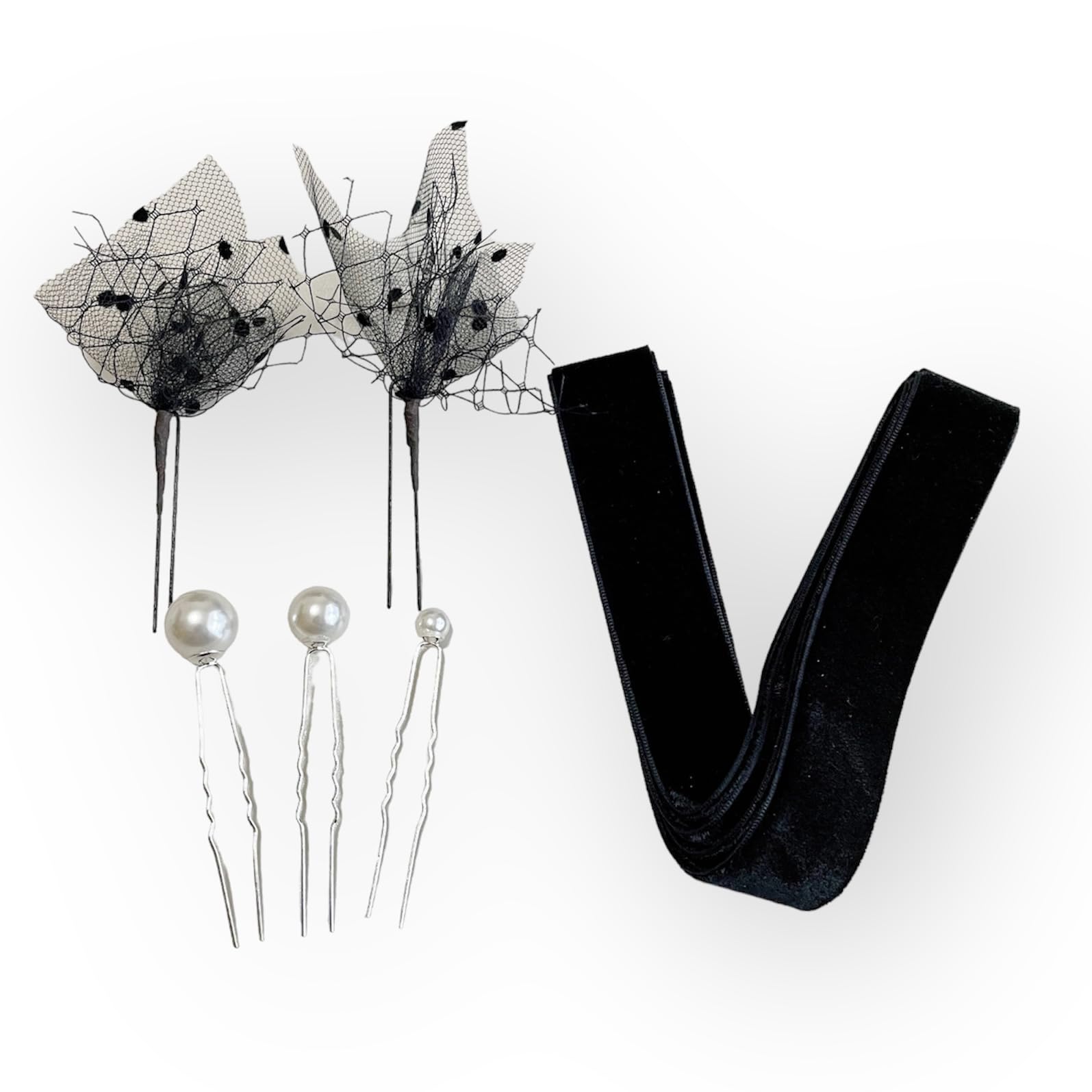 

Velvet pearl and dotted tulle hair accessory for Japanese and other bridal and wedding ribbon, pin, clothing, coming-of-age ceremonies, weddings, чёрный