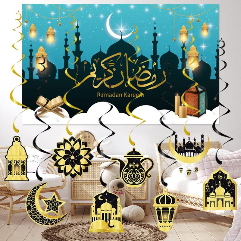 Eid Mubarak Banderoll Guld Spiral Eid Hänge Girlang Ramadan Kareem Dekoration 2025 För Hem Islamisk Muslimsk Fest Dekorationer