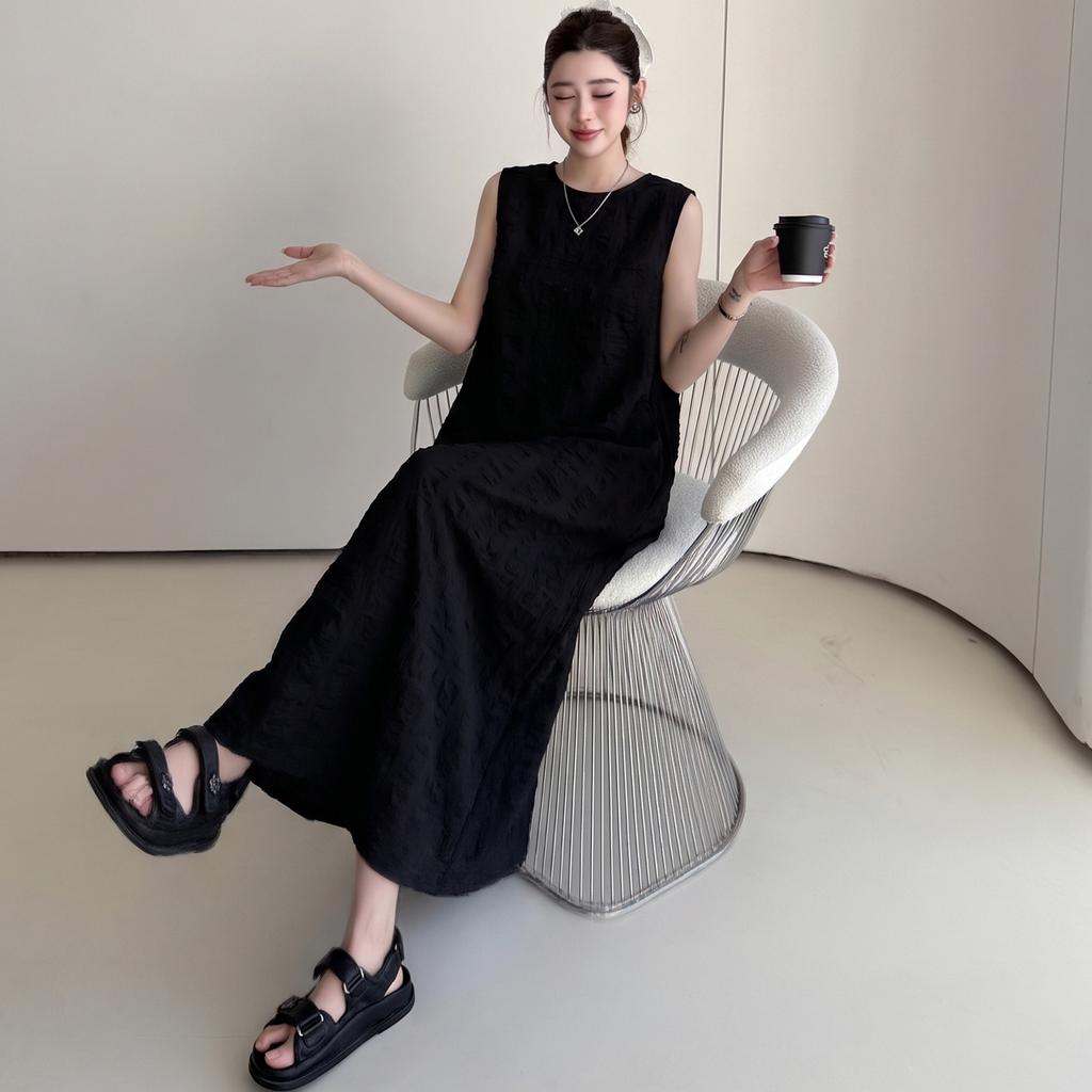 DIMANAF 2026 Summer New Plus Size Women Black Sleeveless Maxi Dress Elegant A-Line Solid Long Vest Dresses