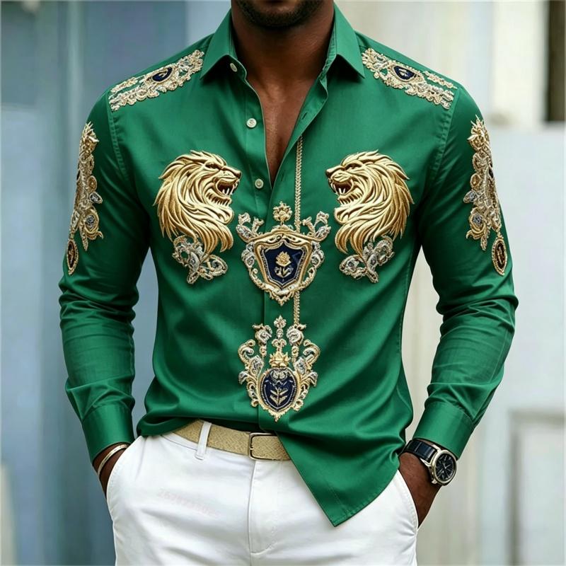 Camicia da uomo stile Barocco testa di leone design slim fit manica lunga camicia Business casual stile street abbigliamento uomo XS-6XL
