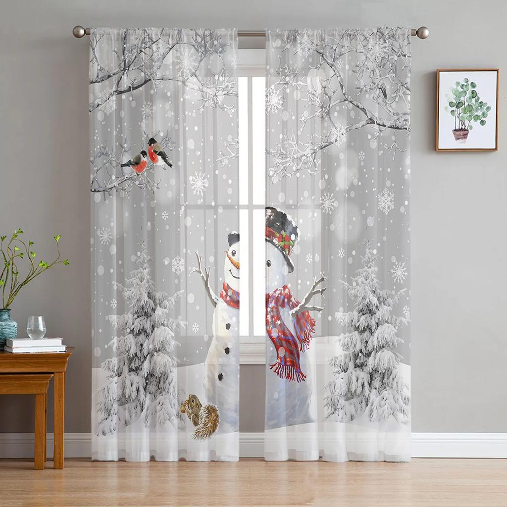 Vánoční strom Sněhulák Sněhová vločka Šedé Průsvitné Záclony pro Dekoraci Obývacího Pokoje Okenní Závěsy Kuchyňské Tylové Voálové Záclony