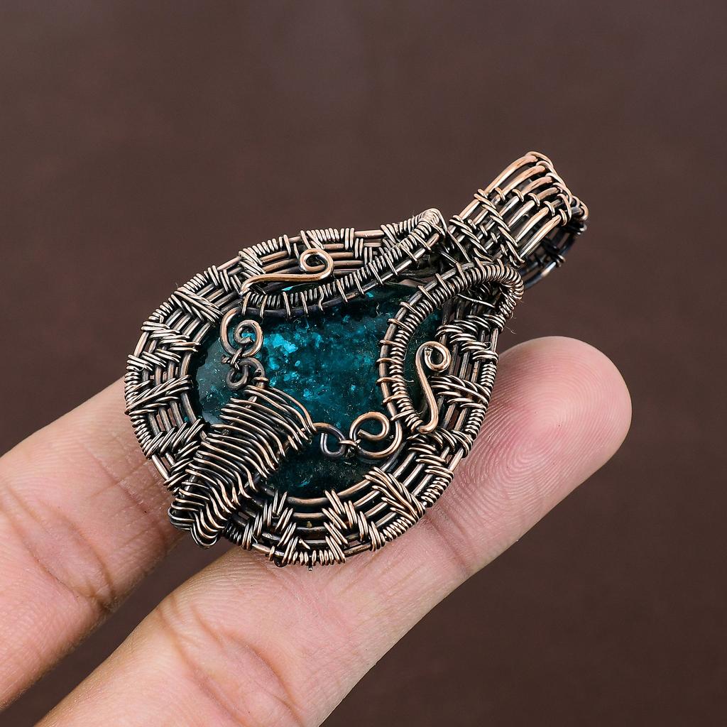 Natural Blue Baltic Amber Gemstone Handmade Copper Wire Wrap Pendant 2.36" N2p08