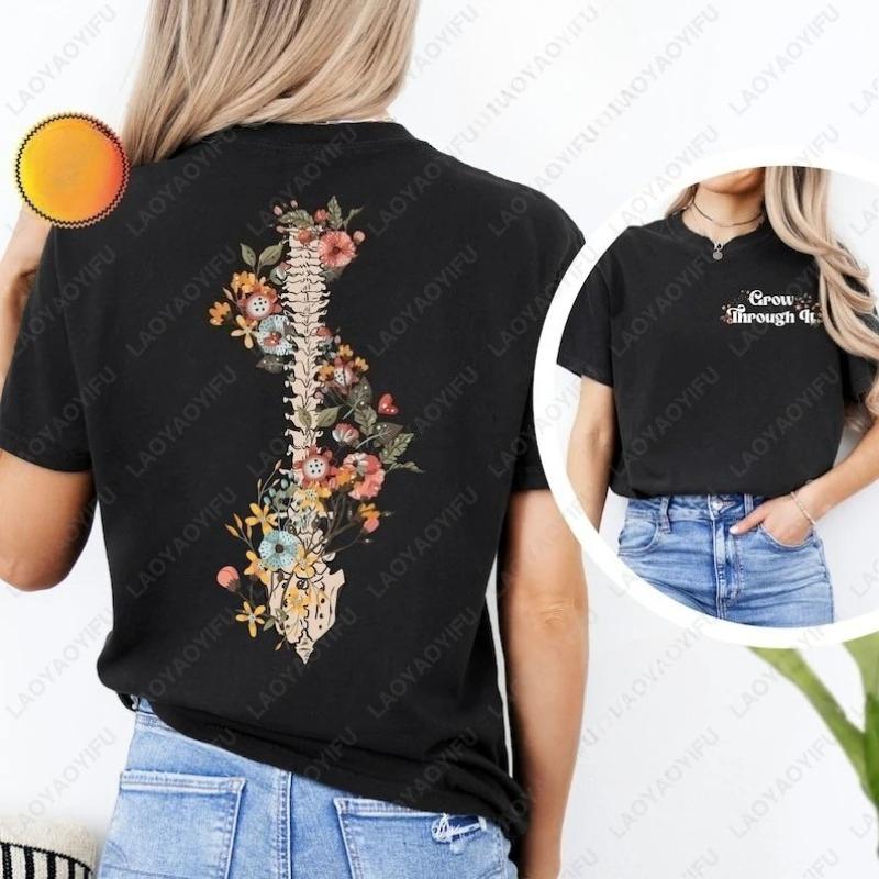 Wachse hindurch T-Shirt Motivierend Positiver Spruch Shirt Psychische Gesundheit Blume Skelett Floral Wirbelsäule Männer Frauen Baumwolle Mode Oberteile