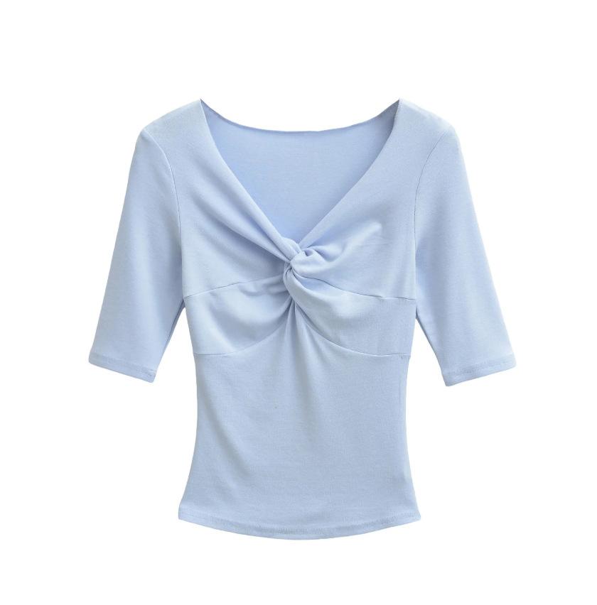 Kink V-neck Medium-sleeved T-shirt Women's Summer New American Spice Girl Style Solid Color Slim-fitting Slim Bottom Top