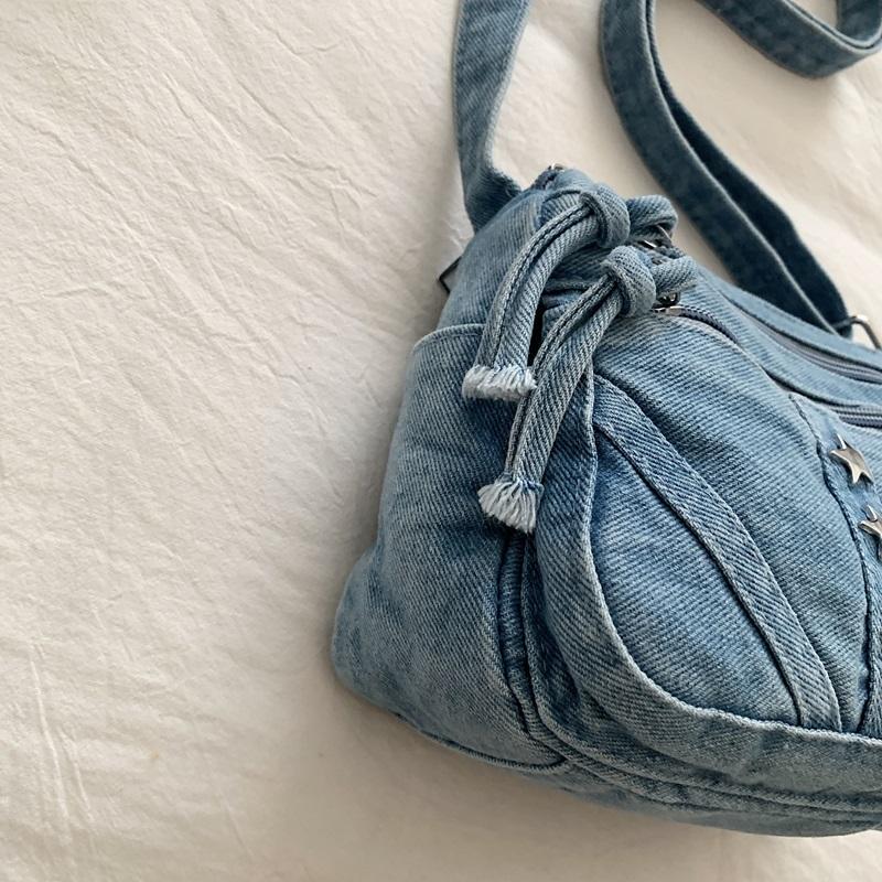Retro Denim Crossbody Bag Multi Pocket Shoulder Purse with Star Decoration