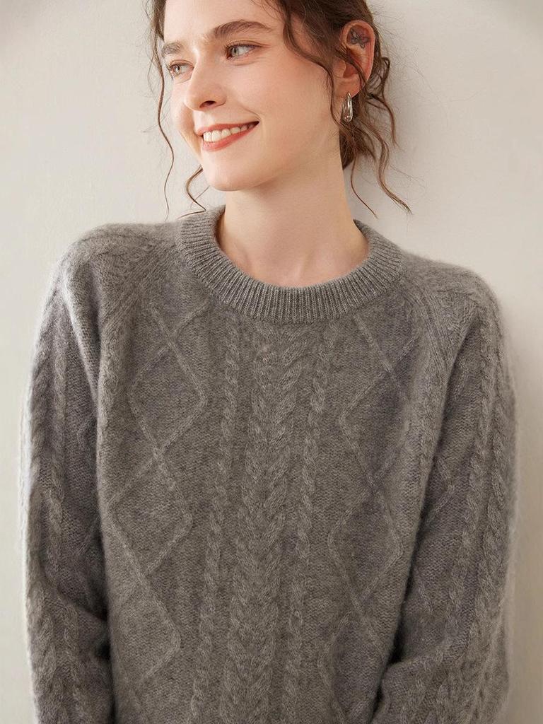 Women's Thickened Cashmere Raglan Sweater - Long Sleeve Jacquard Knit Pullover with Round Neck