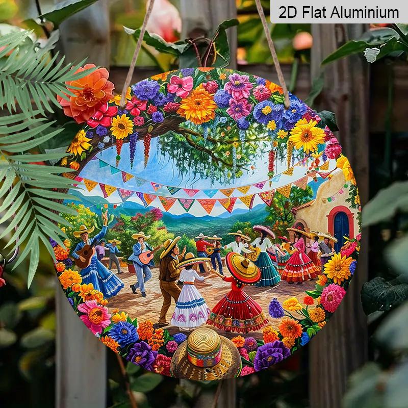 2D Flat, 1pc Round Cinco De Mayo Aluminum Hanging Sign, Colorful Mexican Fiesta Dancing Folk Flower Sombrero Design, Vibrant Metal Wall Decor