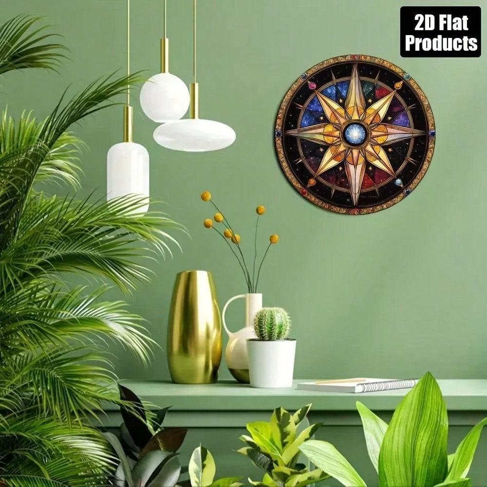 Boho Compass Rose Star Map Round Metal Sign Stained Glass Effect Wall Art Decor
