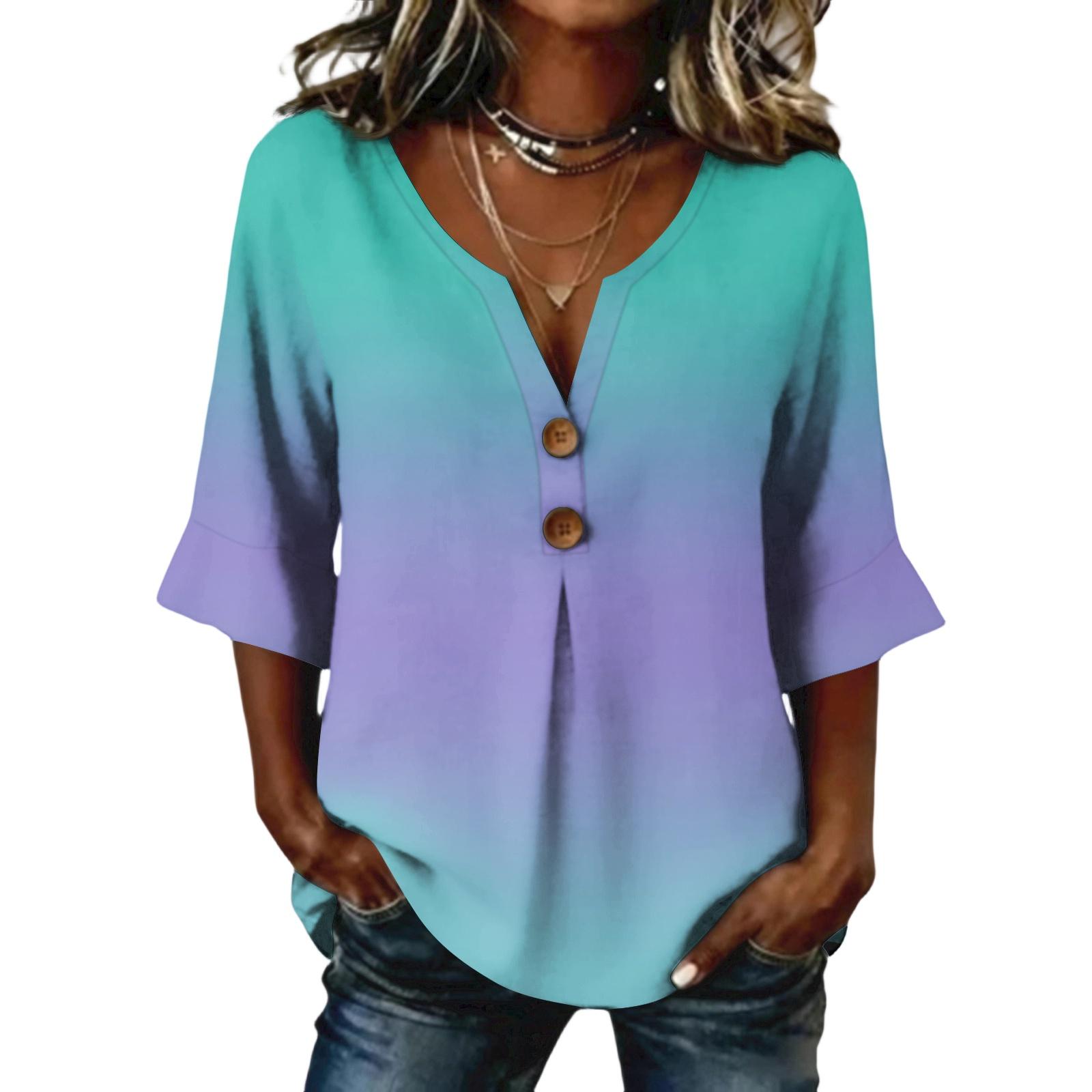 Ladies  gradient printed button casual V-neck fashionable seven quarter sleeve top S