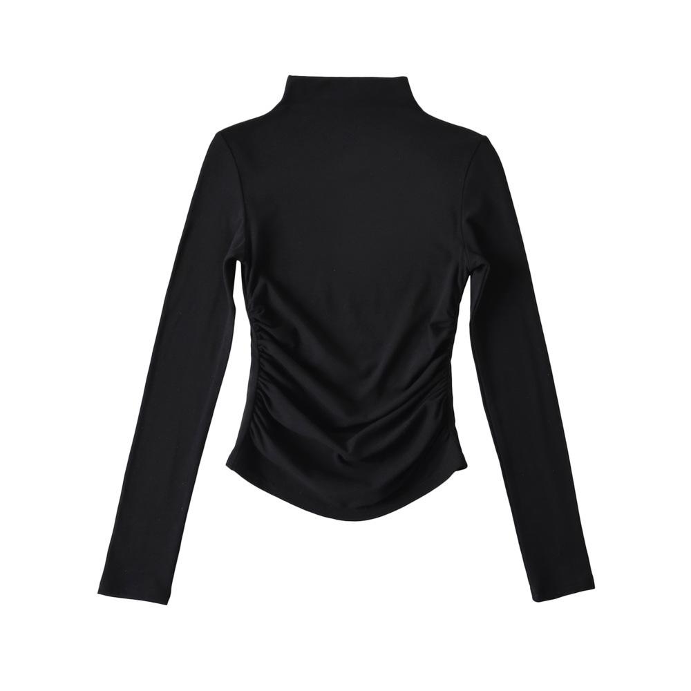 Autumn new women's European and American solid color velvet warm semi-turtleneck bottoming shirt pleated slim-fitting long-sleeved T-shirt