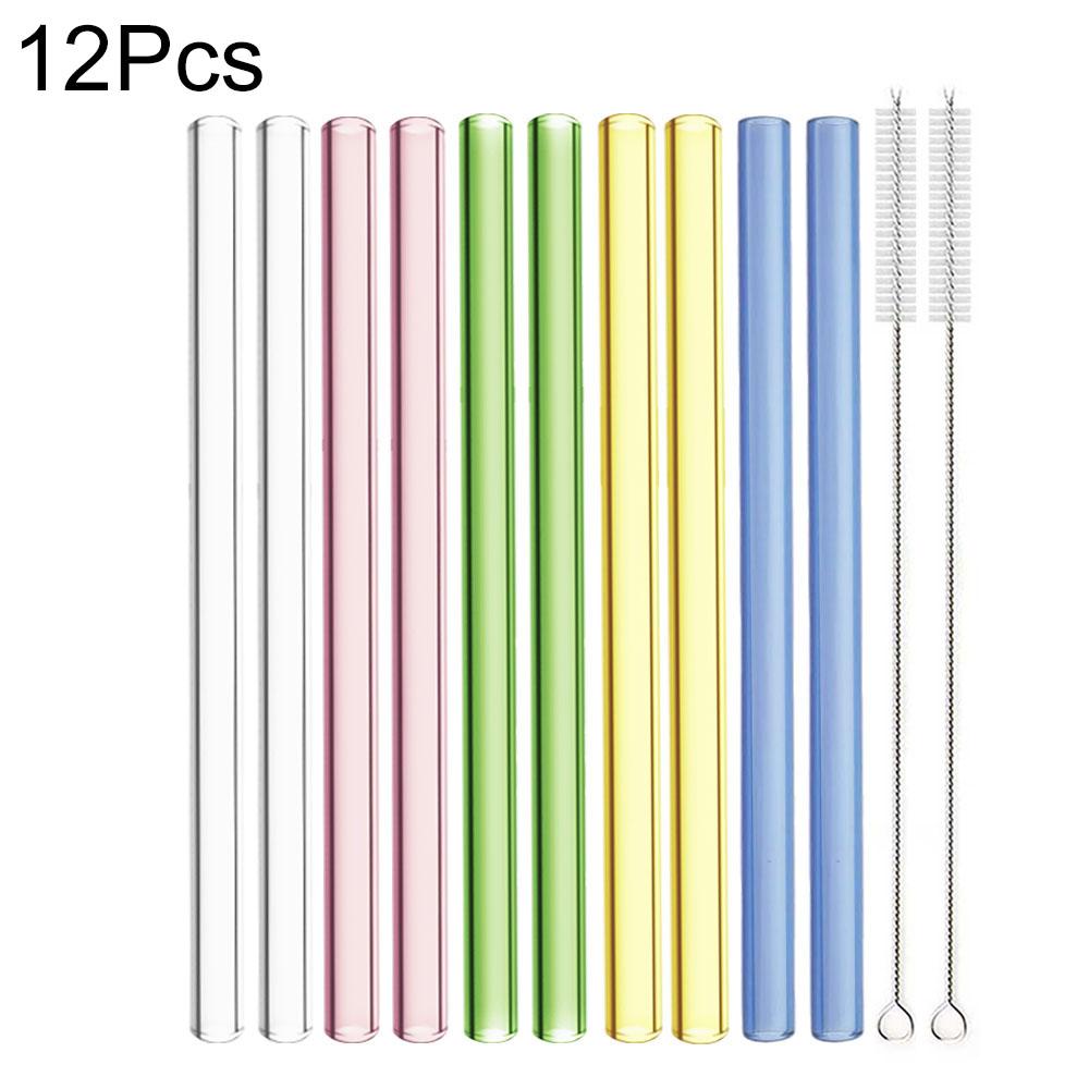 12Pcs Reusable High Borosilicate Glass Straw Wide 12mm Pearl Milkshake Bubble Tea Straw with Brush Bar Accessories