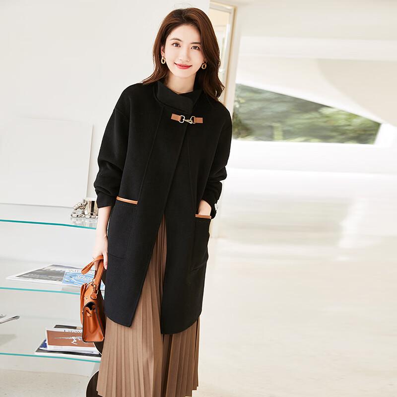 VICTORIA&VERA Women's Winter Leather Buckle Double-Faced Wool Coat