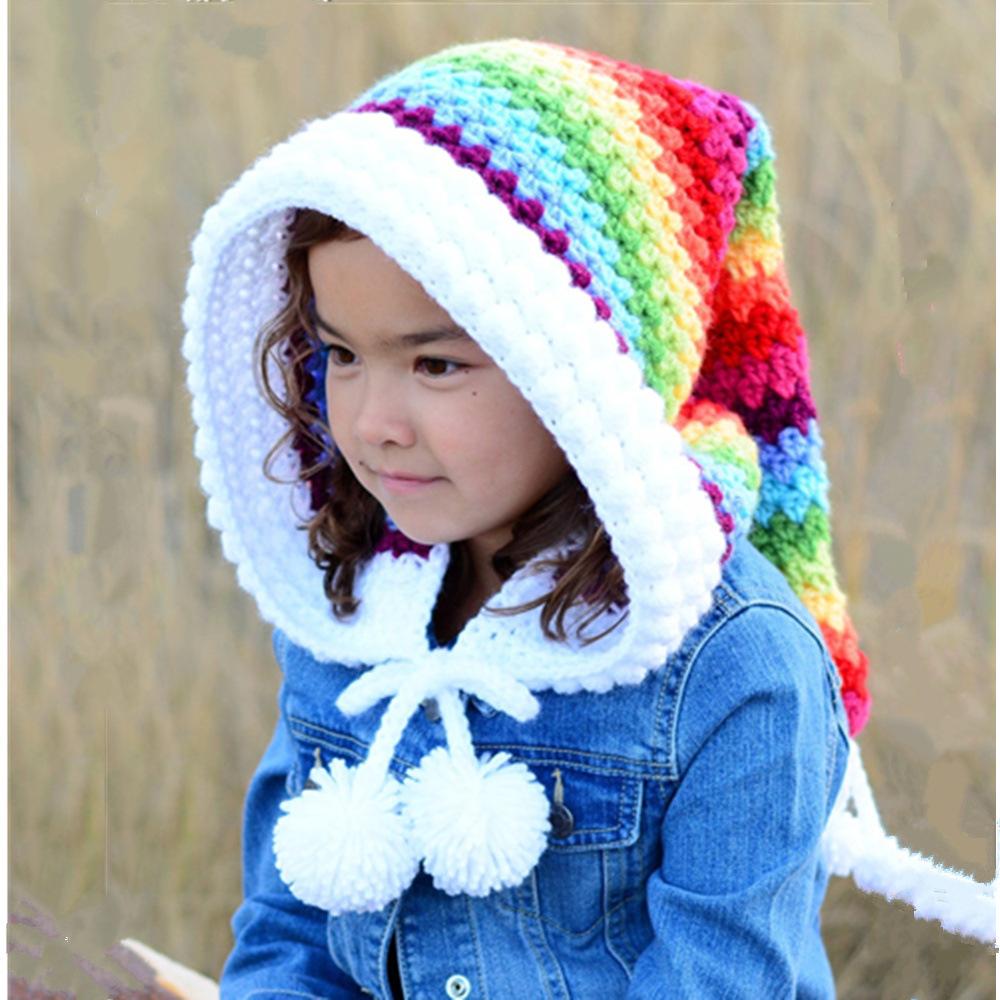 Winter new thickened children's hat wool crochet rainbow long tail hat European and American girls elf wizard princess keep warm