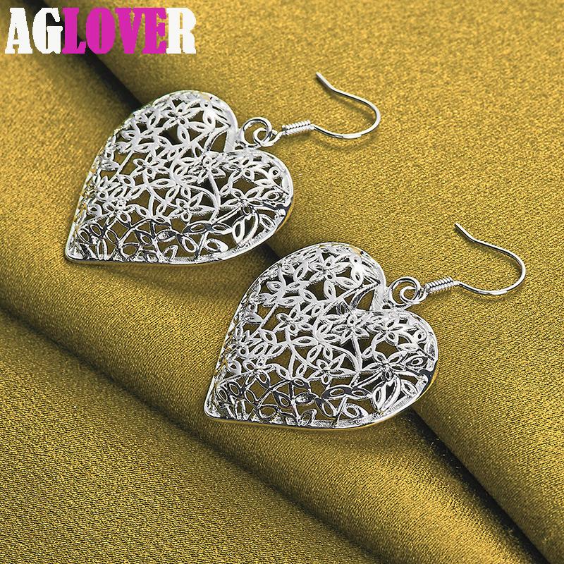 925 Sterling Silver Hollow Heart Flower Earrings Jewelry