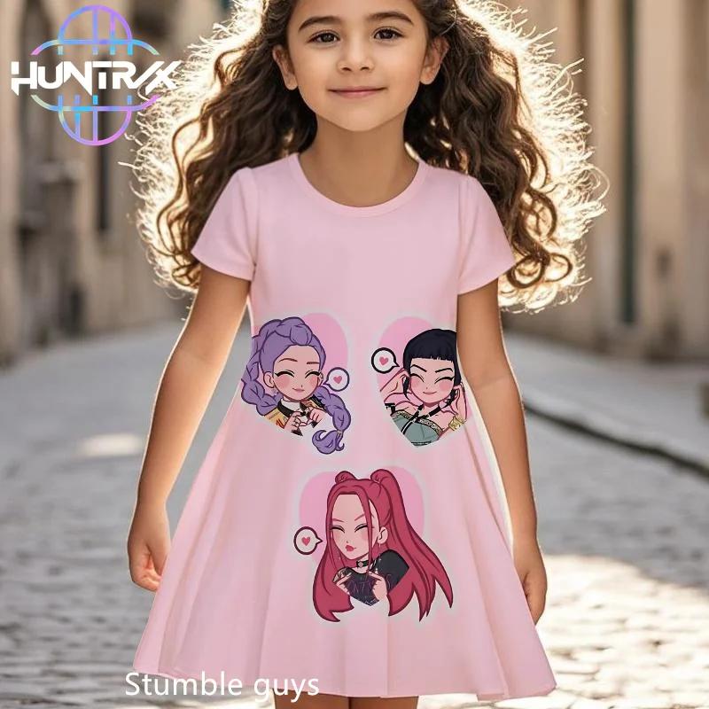 Kpop Demon Hunters Anime Girls Dress Summer Kids Cartoon Short Sleeve Beach Sundress Casual Nightgown
