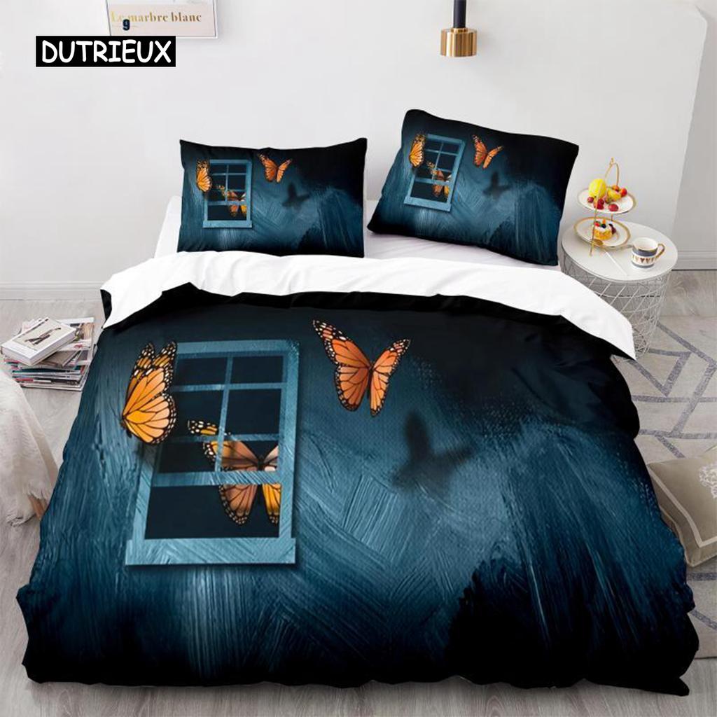 Butterfly Duvet Cover Set Blue Butterflies And Dragonfly Design White Twin Bedding Set For Kids Teen Girl Microfiber Quilt Cover