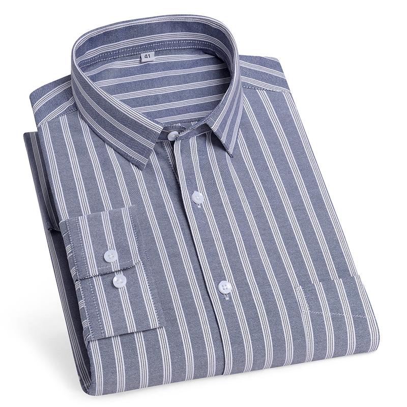 Men's Shirt Long Sleeve 100% Pure Cotton Oxford Dress Shirts Striped Regular Fit Casual Soft Male Blouse Clothing 11XL 10XL 9XL