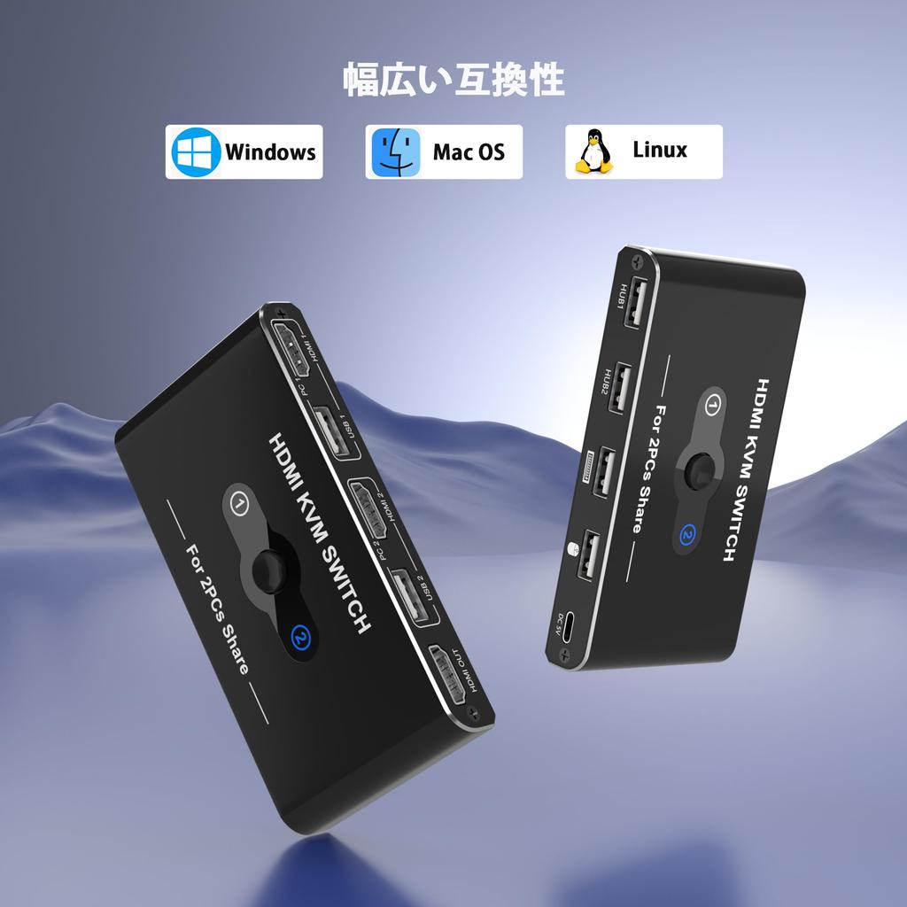 KVM Switch for 2 PCs (HDMI), Shares Keyboard/Mouse/Printer/Display, 2 Inputs/1 Output, 4K@60Hz Video Output, 4 USB-A Ports, Compatible with Keyboard/M