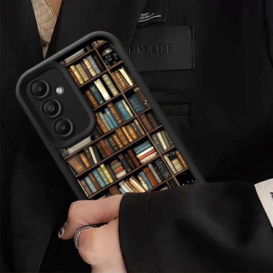 Coque de téléphone pour Samsung Galaxy A16 A34 A12 A14 A32 A23 A26 A56 A15 A51 A73 A53 A54 Coque souple Étagère à livres vintage Chaton
