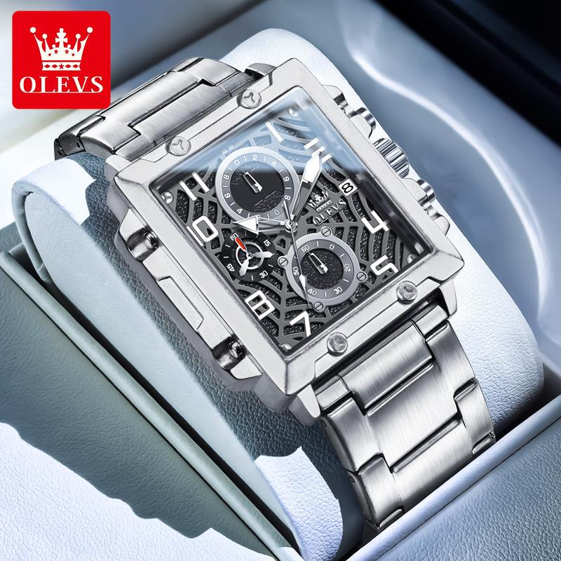 OLEVS Mens Watch Original Square Quartz Watch Waterproof Luminous Stainless Steel Sport Clock Reloj Watch For Men