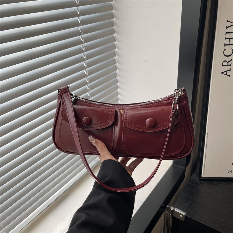 

Vintage Solid Color Shoulder Crescent Bags for Women Versatile Ladies Double-pocket Underarm Bag Portable Female Pu Handbags червоний