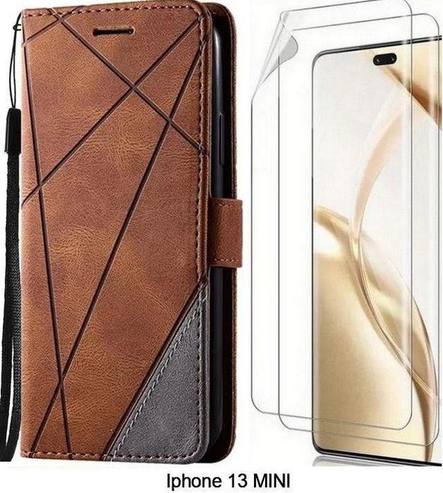 Ensemble De Protection - Iphone 13 Mini - Étui Simili Cuir Marron - 2 Protections Hydrogel - Pratique Et Élégant